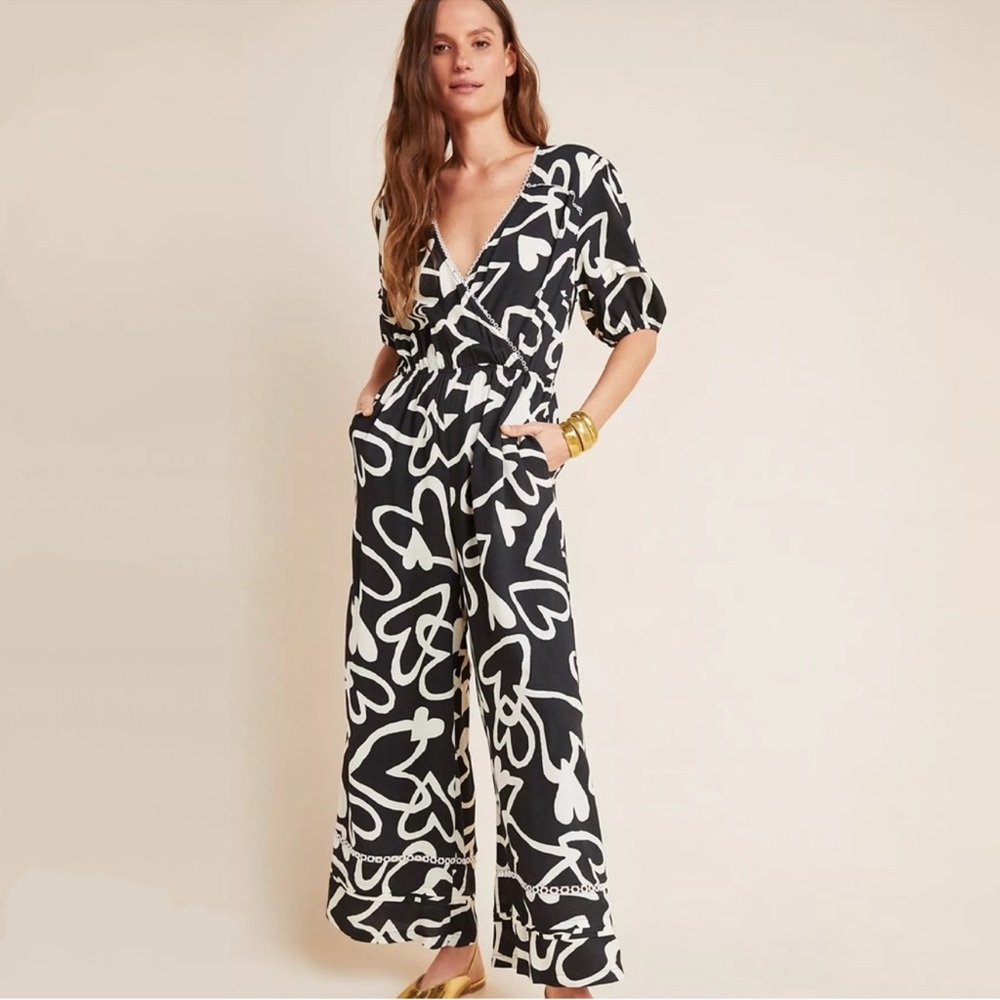 FARM RIO Black and White Hearts Jumpsuit